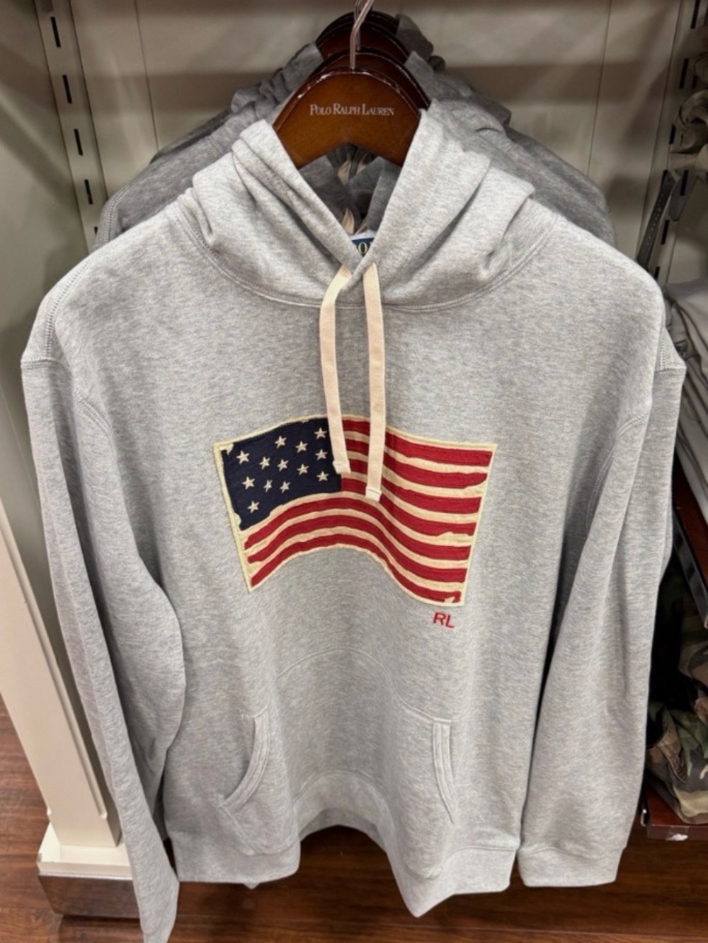 NWT Polo Ralph Lauren Gray DISTRESSED AMERICAN FLAG Fleece Hoodie Sweatshirt